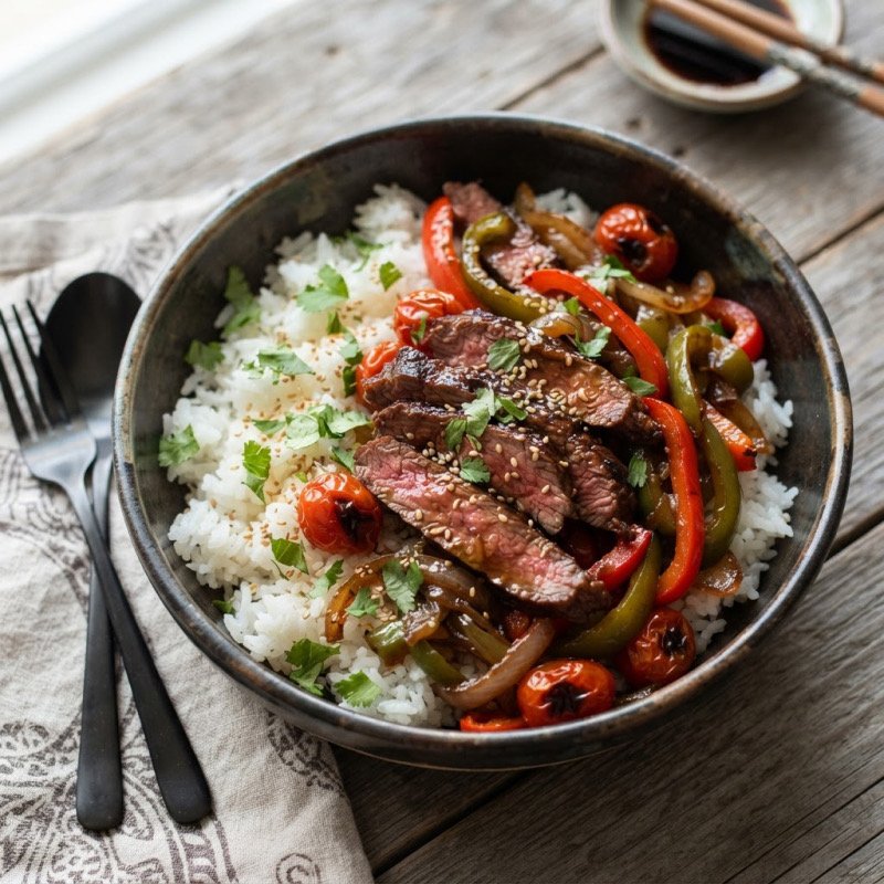 Beef Strips with Sautéed Vegetables & Rice