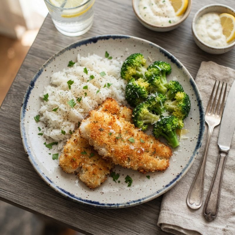 Breaded Fish, Rice & Broccoli