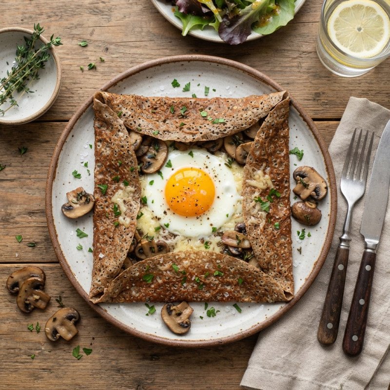 Buckwheat Galette with Mushrooms & Fried Egg