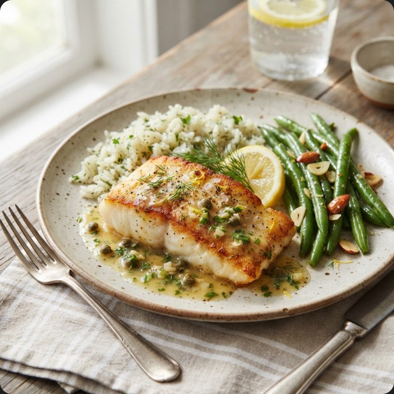 Cod with Lemon Butter, Rice & Green Beans