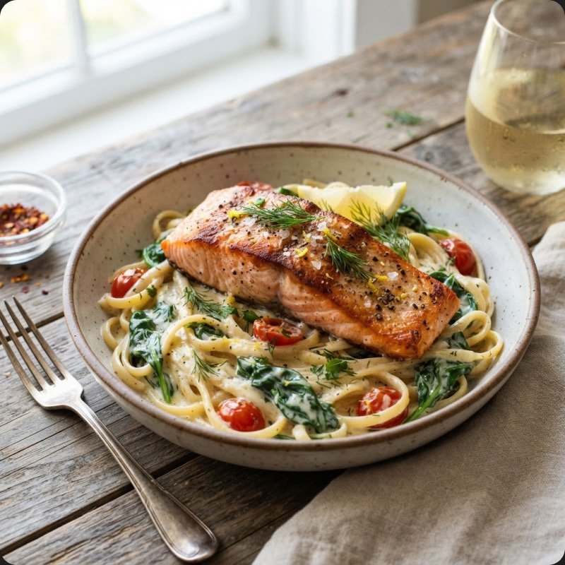 Creamy Linguine with Salmon & Spinach