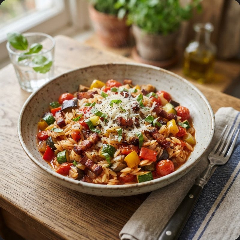 Orzo with Ratatouille & Bacon Lardons