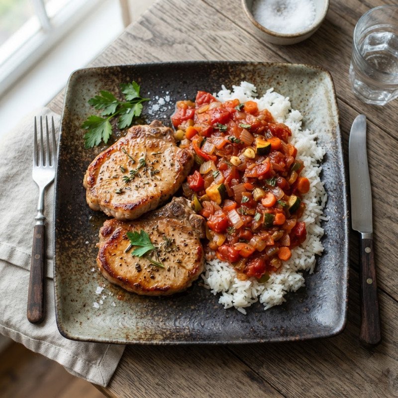 Pork Chop, Rice and Tomato Vegetable Sauce