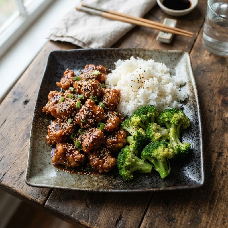 Sesame Chicken with Rice & Broccoli