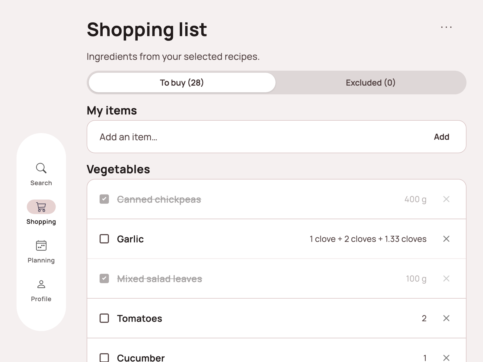 Lazy Meal's shopping list, grouped by aisle with a few items checked off